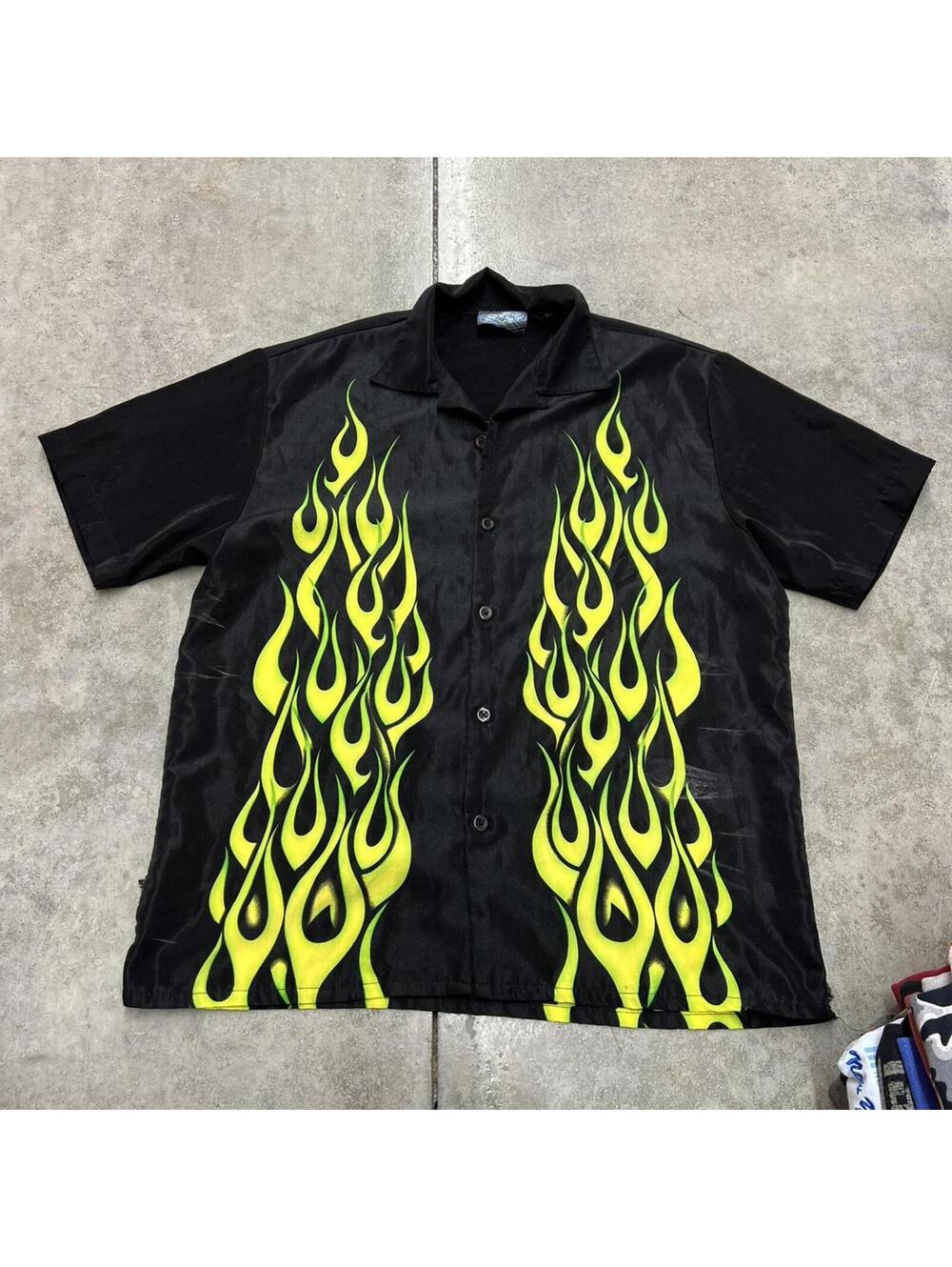 vintage black and green flame button down shirt size large HAS HOLE